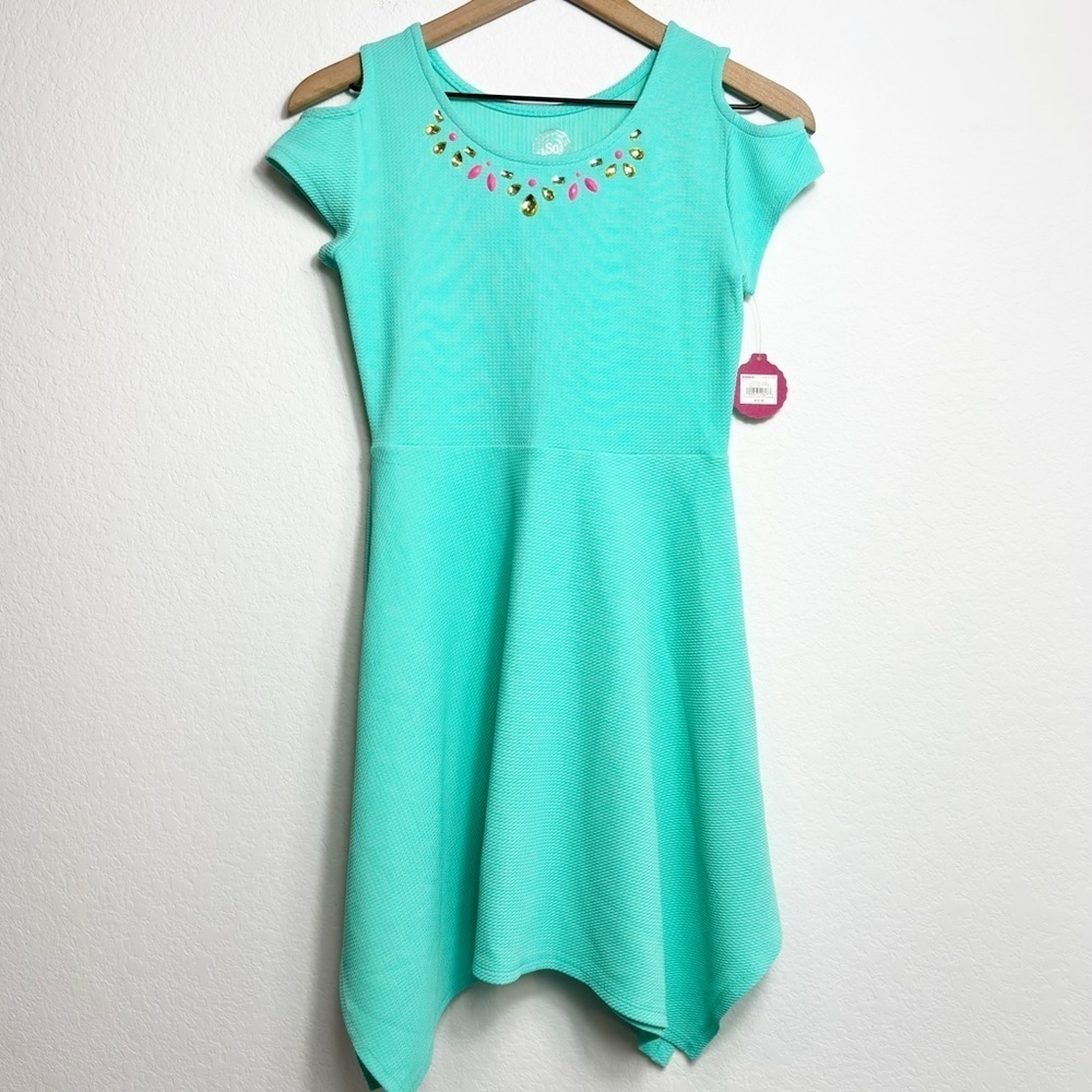SO Turquoise Kids Casual Dress with Jewel Accents